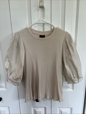 Who What Wear Cream Ribbed Tee with Puff Sleeves